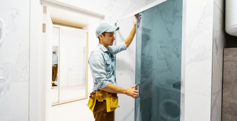 handyman installing bathroom glass door