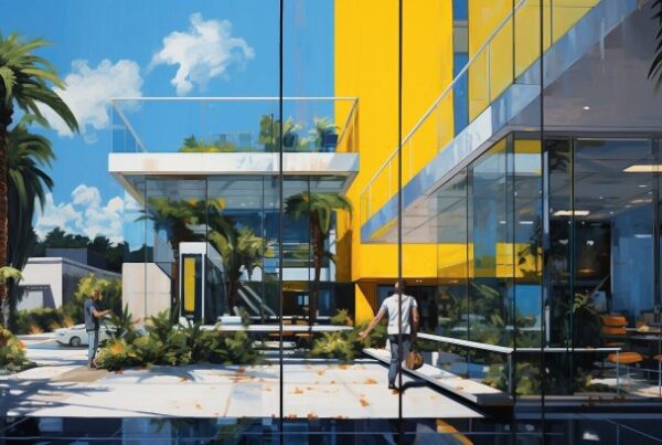 A commercial painting of a yellow building with palm trees