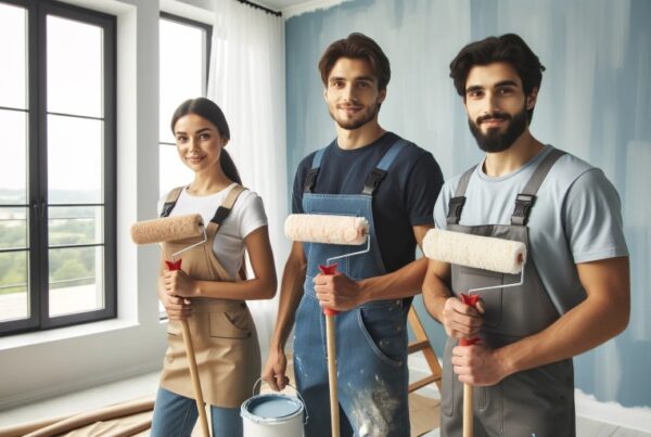 Photo of three residential painting experts in a modern living room  a female of Hispanic descent a male of Middle Eastern descent and another male